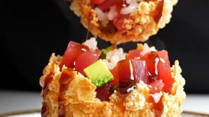 Golden, crispy air-fried rice paper poke bombs drizzled with dark unagi sauce and bright red sriracha dots.