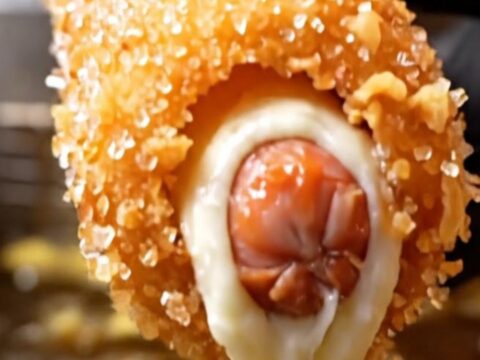 A crispy golden Korean potato corn dog with a long, stretchy mozzarella cheese pull, drizzled with ketchup and mustard.