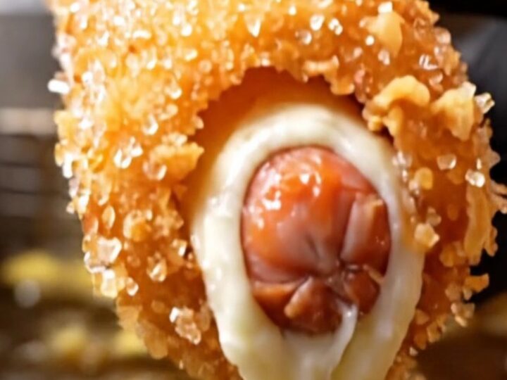 A crispy golden Korean potato corn dog with a long, stretchy mozzarella cheese pull, drizzled with ketchup and mustard.