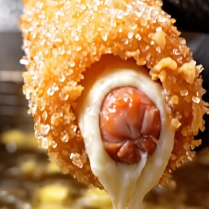 A crispy golden Korean potato corn dog with a long, stretchy mozzarella cheese pull, drizzled with ketchup and mustard.