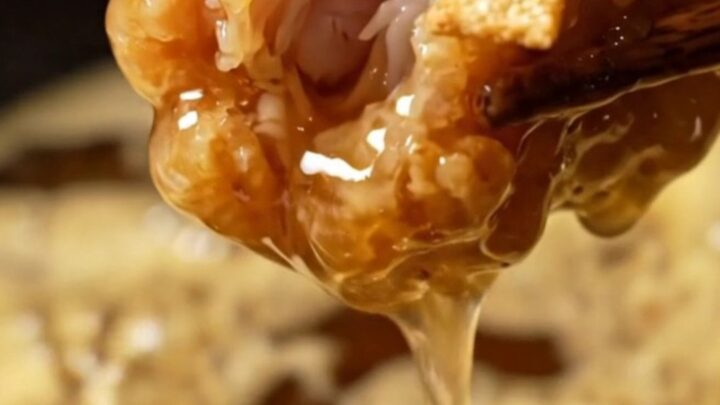 Close up shot of crispy golden honey butter garlic chicken tenders glistening under warm lighting.
