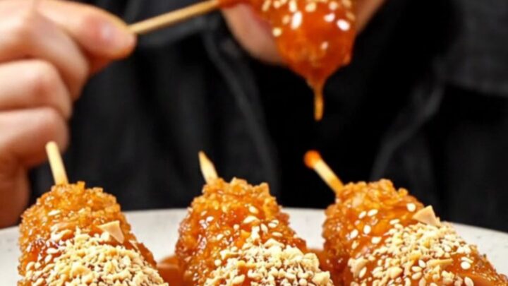 A close-up shot of crispy, golden-blistered rice cakes and sausages on a skewer, coated in a glossy, spicy red glaze.