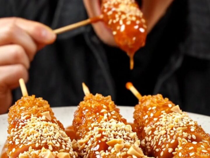 A close-up shot of crispy, golden-blistered rice cakes and sausages on a skewer, coated in a glossy, spicy red glaze.