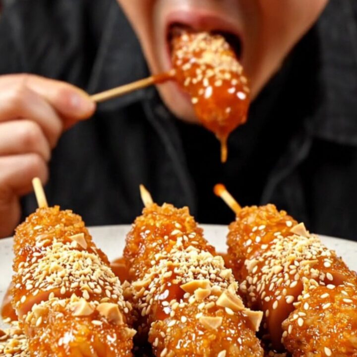 A close-up shot of crispy, golden-blistered rice cakes and sausages on a skewer, coated in a glossy, spicy red glaze.