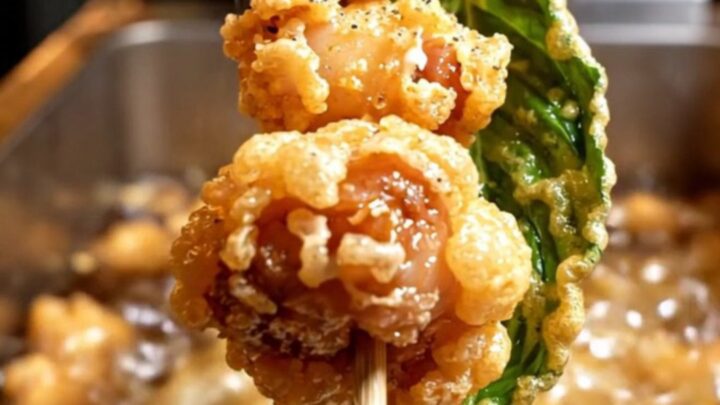 Golden, crispy Taiwanese popcorn chicken nuggets in a bowl with fried Thai basil leaves.
