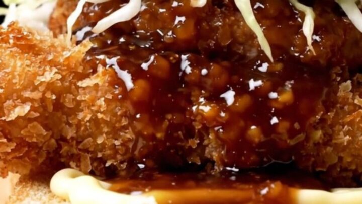 A close-up view of a crispy chicken katsu sando on shokupan bread, showcasing the golden panko crust and fresh cabbage.