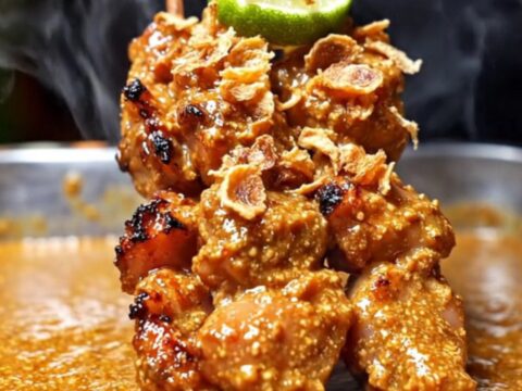 A close-up of char-grilled chicken satay skewers drizzled with rich peanut sauce and topped with crispy shallots.