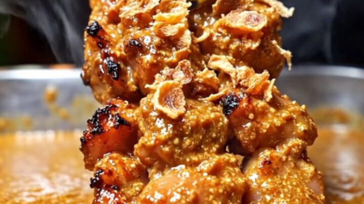 A close-up of char-grilled chicken satay skewers drizzled with rich peanut sauce and topped with crispy shallots.