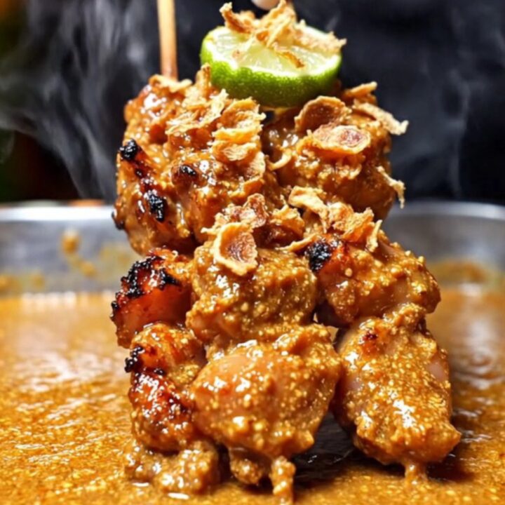 A close-up of char-grilled chicken satay skewers drizzled with rich peanut sauce and topped with crispy shallots.