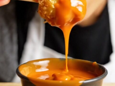 A close-up of crispy, golden-brown cauliflower florets tossed in a glossy, fiery orange Bang Bang sauce.