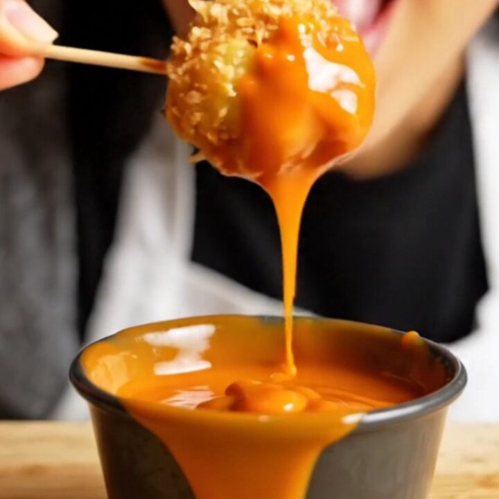 A close-up of crispy, golden-brown cauliflower florets tossed in a glossy, fiery orange Bang Bang sauce.