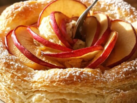 A golden, flaky apple rose tart sitting on a plate with a dusting of powdered sugar.