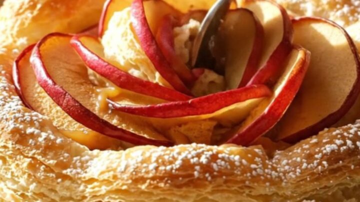A golden, flaky apple rose tart sitting on a plate with a dusting of powdered sugar.