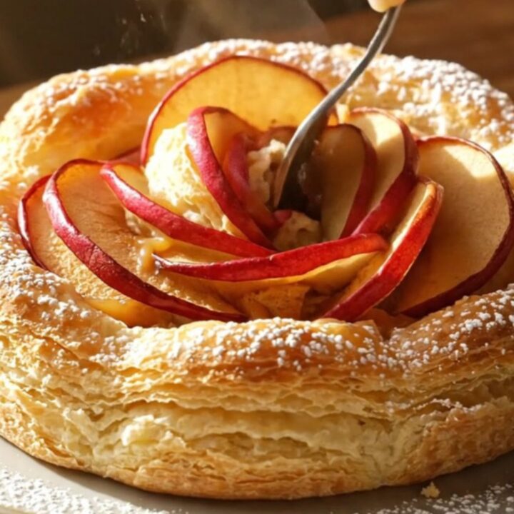 A golden, flaky apple rose tart sitting on a plate with a dusting of powdered sugar.