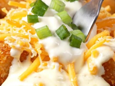 A cinematic close-up of crispy golden tater tots topped with melted white queso and smoky bacon.
