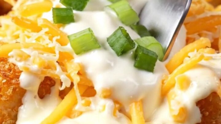 A cinematic close-up of crispy golden tater tots topped with melted white queso and smoky bacon.