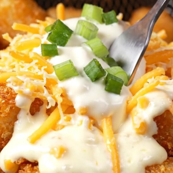 A cinematic close-up of crispy golden tater tots topped with melted white queso and smoky bacon.