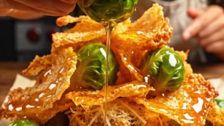 Crispy smashed Brussels sprouts with a golden parmesan crust on a rustic table.