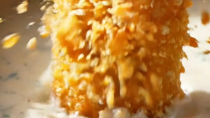 A close-up of a crispy air-fryer dill pickle chip being held between fingers, showing the golden panko crust.
