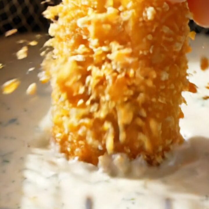 A close-up of a crispy air-fryer dill pickle chip being held between fingers, showing the golden panko crust.