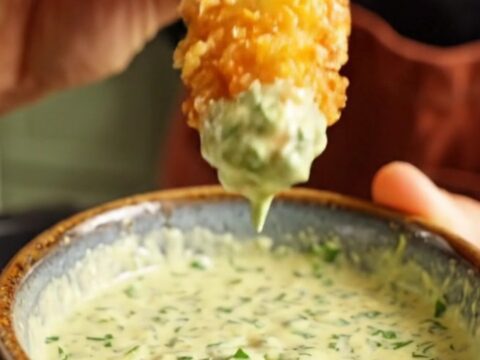 Golden panko-crusted avocado fries served with a side of creamy cilantro-lime jalapeño dipping sauce.