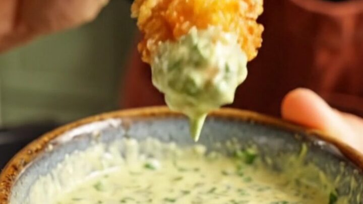 Golden panko-crusted avocado fries served with a side of creamy cilantro-lime jalapeño dipping sauce.