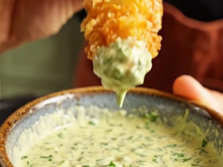 Golden panko-crusted avocado fries served with a side of creamy cilantro-lime jalapeño dipping sauce.