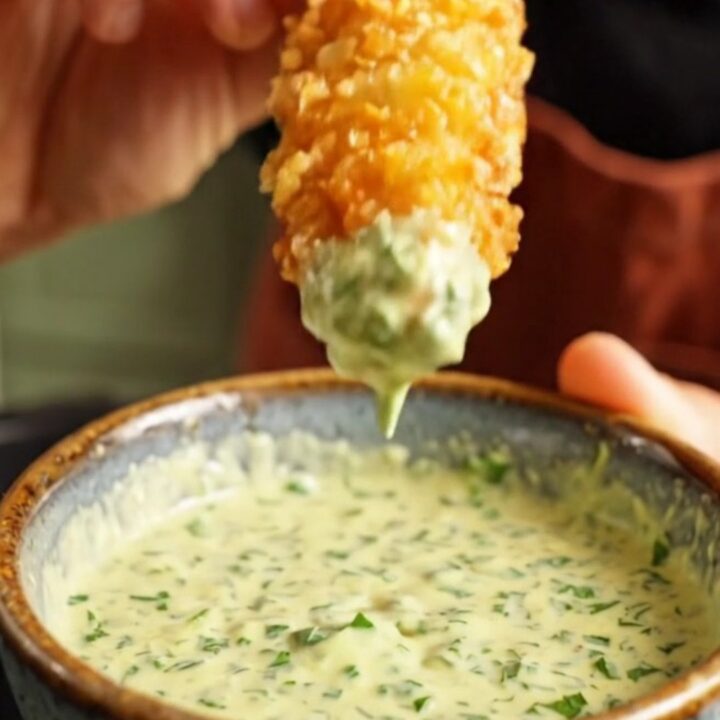 Golden panko-crusted avocado fries served with a side of creamy cilantro-lime jalapeño dipping sauce.