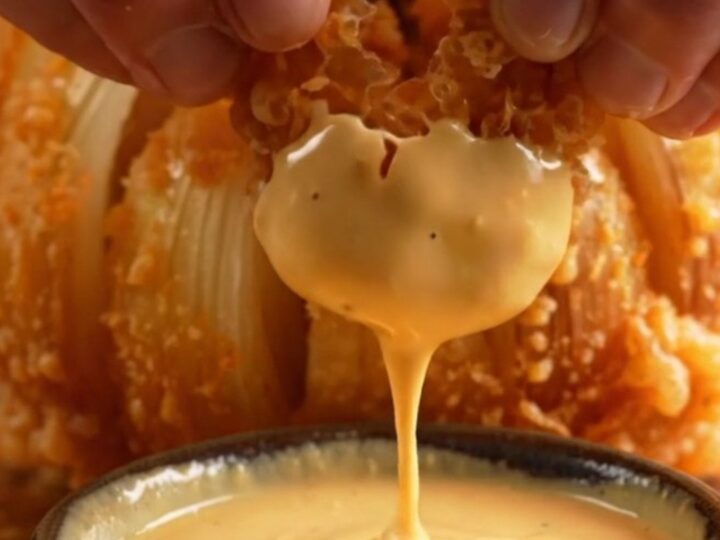 A golden, crispy blooming onion sitting on a plate with a side of creamy orange comeback sauce.