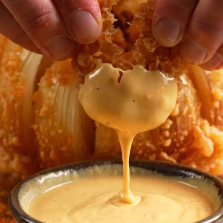 A golden, crispy blooming onion sitting on a plate with a side of creamy orange comeback sauce.