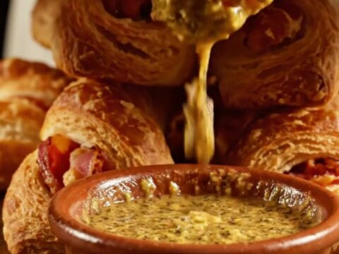 A golden, flaky bacon and parmesan puff pastry twist shown in close-up detail.