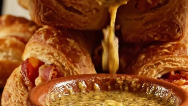 A golden, flaky bacon and parmesan puff pastry twist shown in close-up detail.