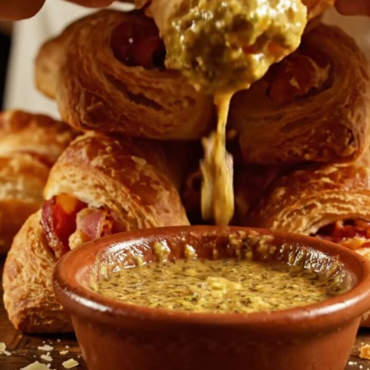 A golden, flaky bacon and parmesan puff pastry twist shown in close-up detail.