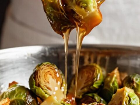 A close-up shot of crispy, charred Brussels sprouts glistening with a sticky honey-sriracha glaze