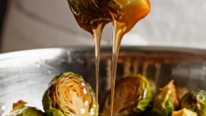 A close-up shot of crispy, charred Brussels sprouts glistening with a sticky honey-sriracha glaze
