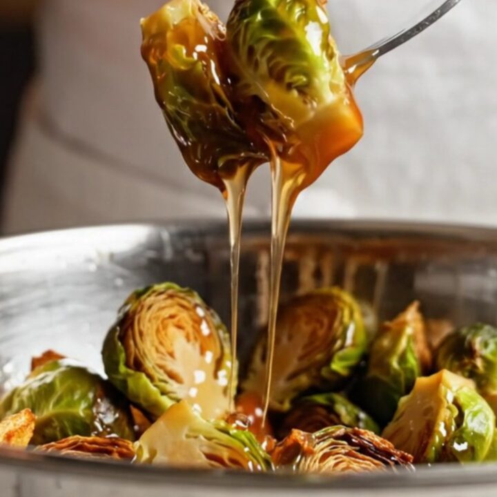 A close-up shot of crispy, charred Brussels sprouts glistening with a sticky honey-sriracha glaze