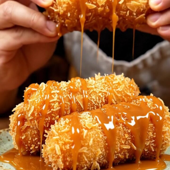 A close-up of a golden-brown banana turon split in half, showing the steaming banana and jackfruit filling with a crackling