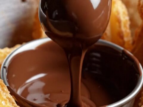 A close-up shot of a golden-brown churro bite being dipped into a bowl of rich, velvety dark chocolate ganache.