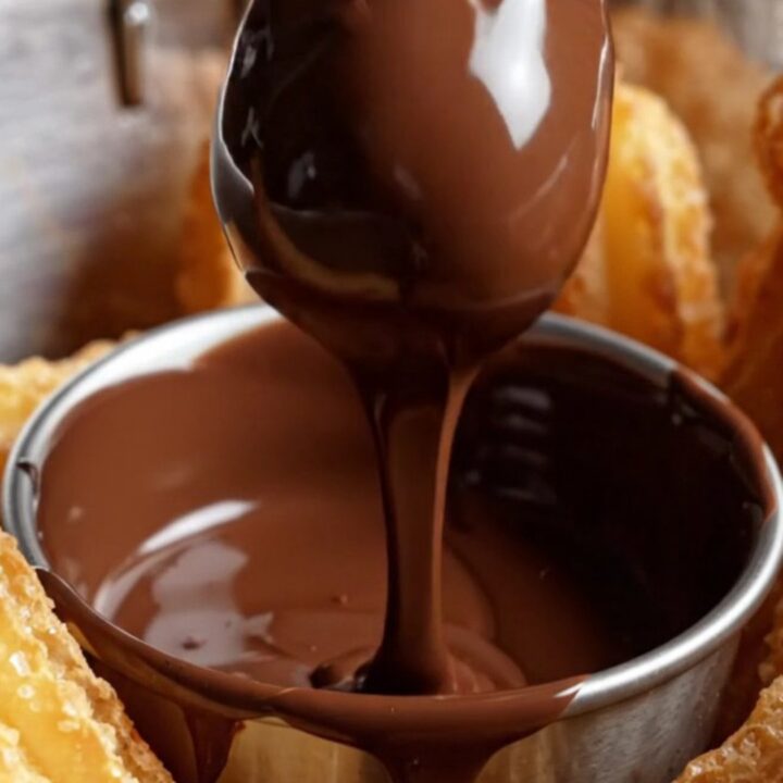 A close-up shot of a golden-brown churro bite being dipped into a bowl of rich, velvety dark chocolate ganache.