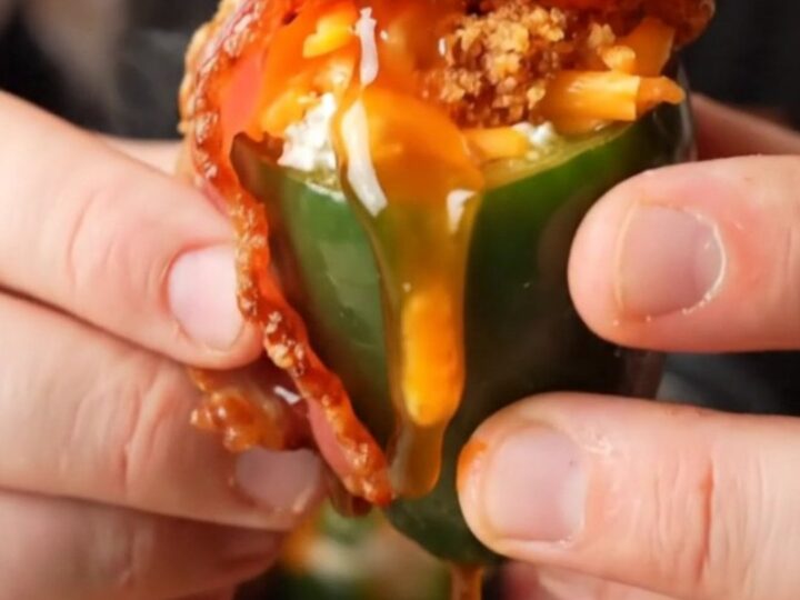 A close-up shot of crispy bacon-wrapped jalapeño poppers with bubbling cheese filling.