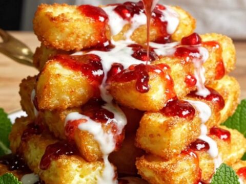 Golden, crispy air-fried halloumi fries stacked on a plate, drizzled with white mint yogurt and dark pomegranate molasses.