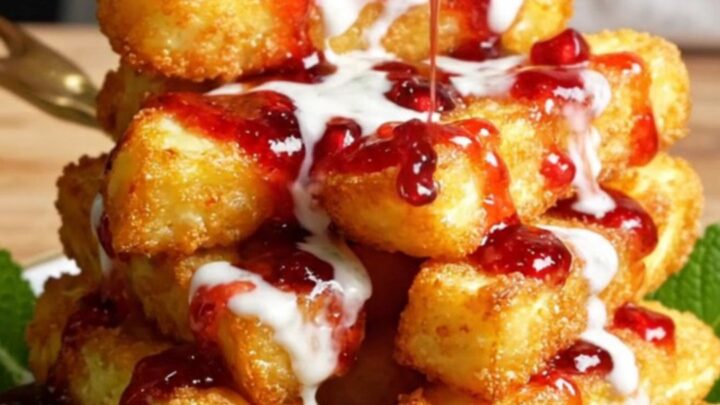 Golden, crispy air-fried halloumi fries stacked on a plate, drizzled with white mint yogurt and dark pomegranate molasses.