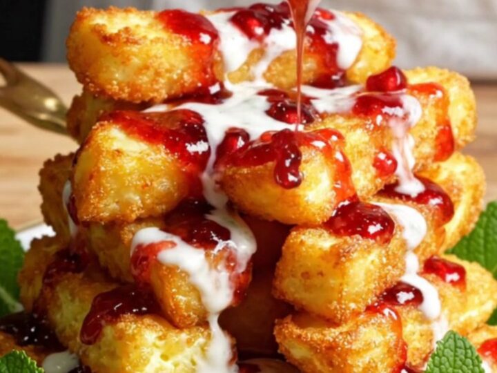 Golden, crispy air-fried halloumi fries stacked on a plate, drizzled with white mint yogurt and dark pomegranate molasses.
