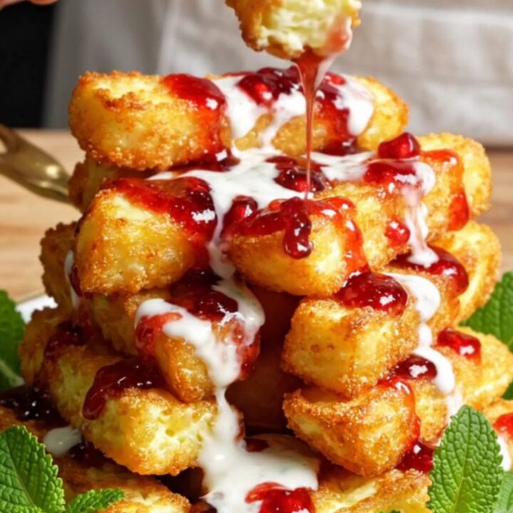 Golden, crispy air-fried halloumi fries stacked on a plate, drizzled with white mint yogurt and dark pomegranate molasses.