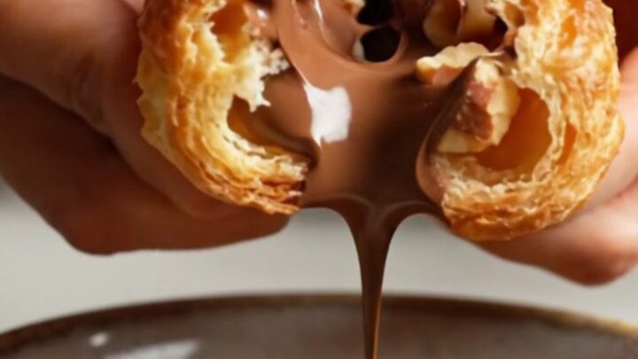 A stack of golden brown, twisted puff pastry churro sticks coated in cinnamon sugar, with a molten chocolate center.