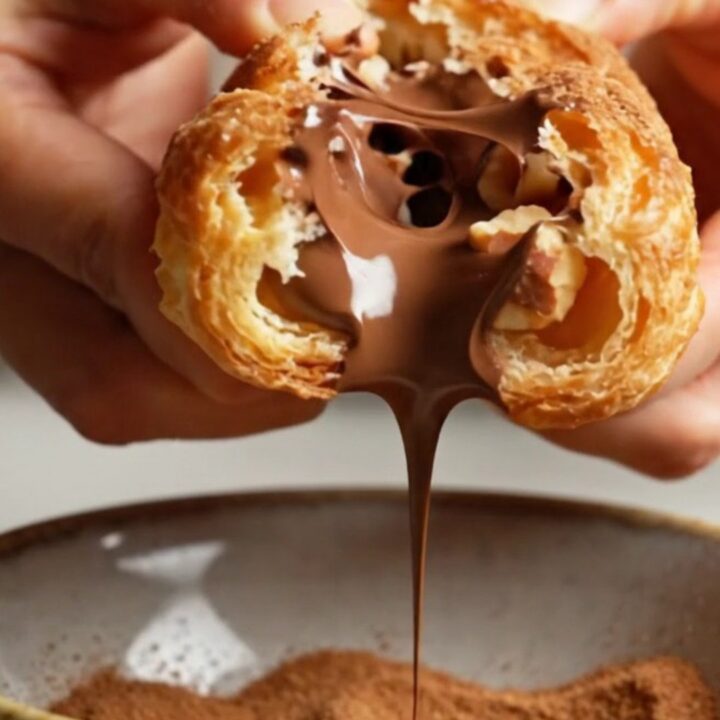 A stack of golden brown, twisted puff pastry churro sticks coated in cinnamon sugar, with a molten chocolate center.