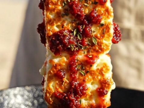 A golden-brown grilled cheese skewer being brushed with a glossy, dark red guava glaze in a sunny kitchen setting.