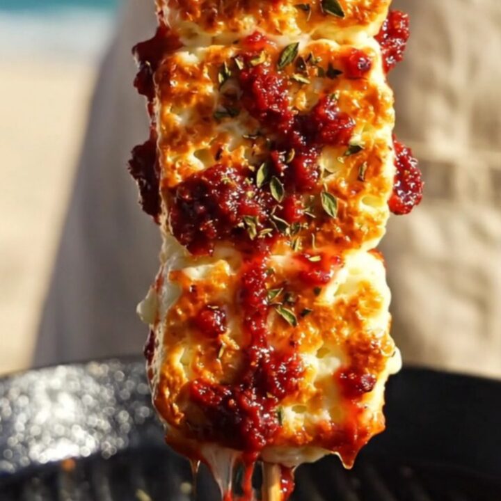 A golden-brown grilled cheese skewer being brushed with a glossy, dark red guava glaze in a sunny kitchen setting.
