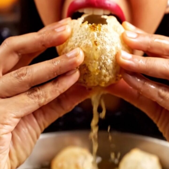 A close-up shot of a crispy, golden pani puri sphere filled with a savory potato and chickpea mix, ready for a bite.