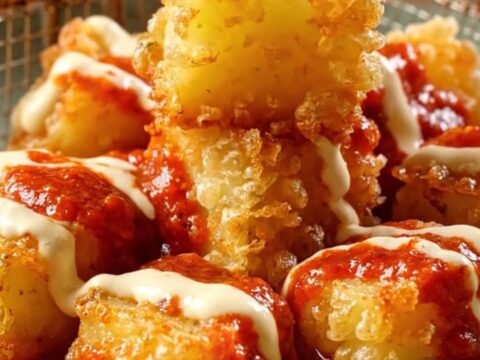 Crispy golden-brown potato cubes topped with vibrant red smoked paprika sauce and white creamy garlic aioli.